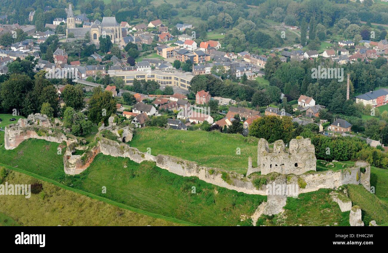 Frankreich, Seine Maritime, Arques la Bataille und seine Burg, schönes Beispiel der mittelalterlichen Militärarchitektur (Luftbild) Stockfoto