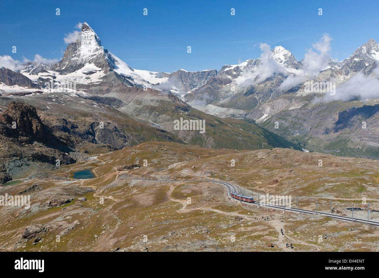 Schweizer Kanton Wallis, Zermatt, die Zahnradbahn bis zum Gornergrat Bahn steigt 3089 Meter vor dem Matterhorn Stockfoto