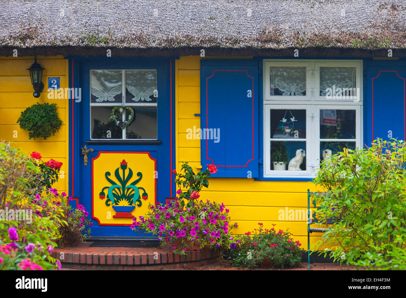 Verzierte Eingangstür des idyllischen Reetdachhaus in Born Auf Dem Darß / Darß, Fischland-Darß-Zingst, Deutschland Stockfoto