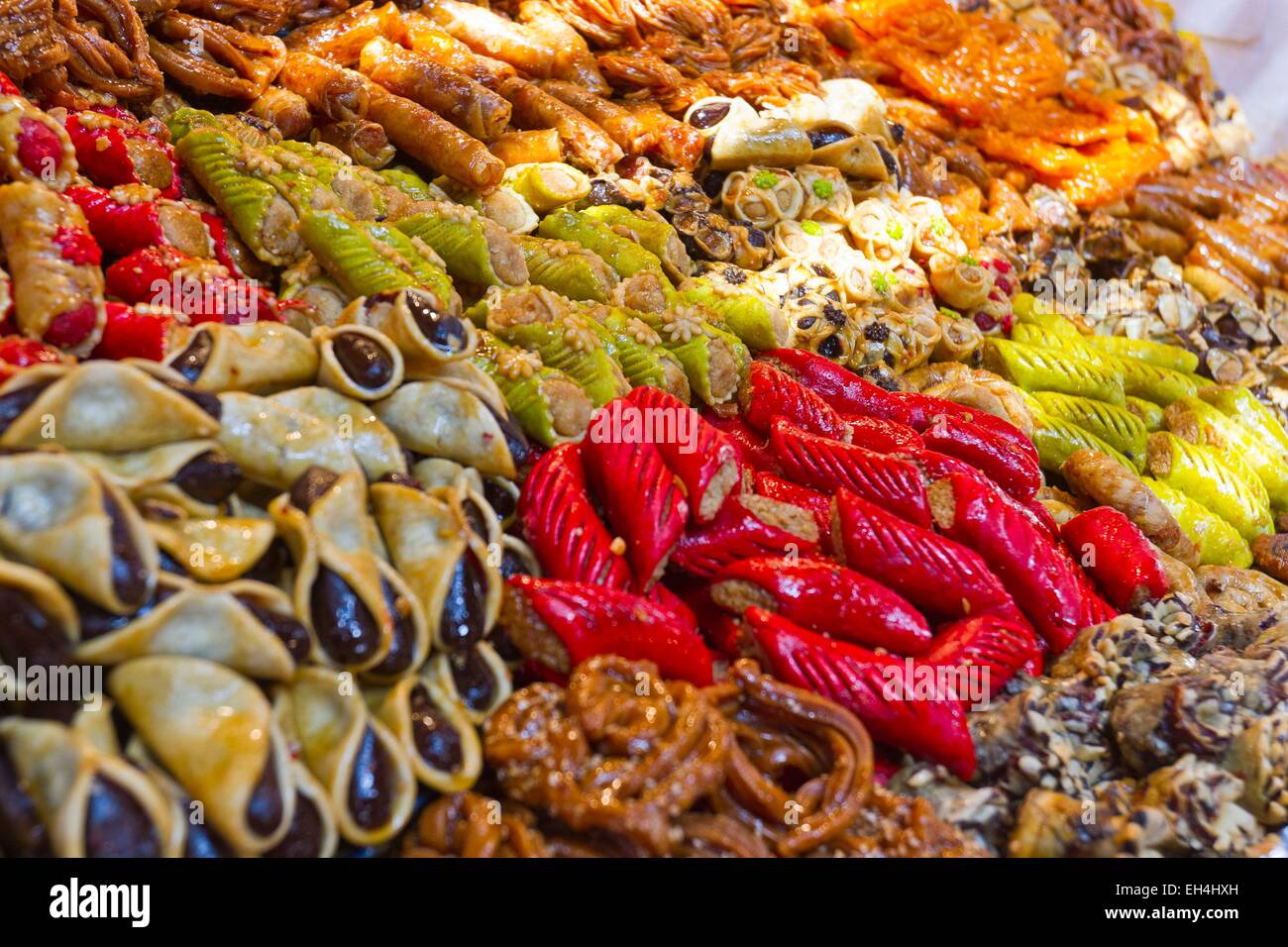 Kaiserstadt, Weltkulturerbe der UNESCO, Konditoreien in den Souks Medina, Marrakesch, Marokko, hoher Atlas Stockfoto