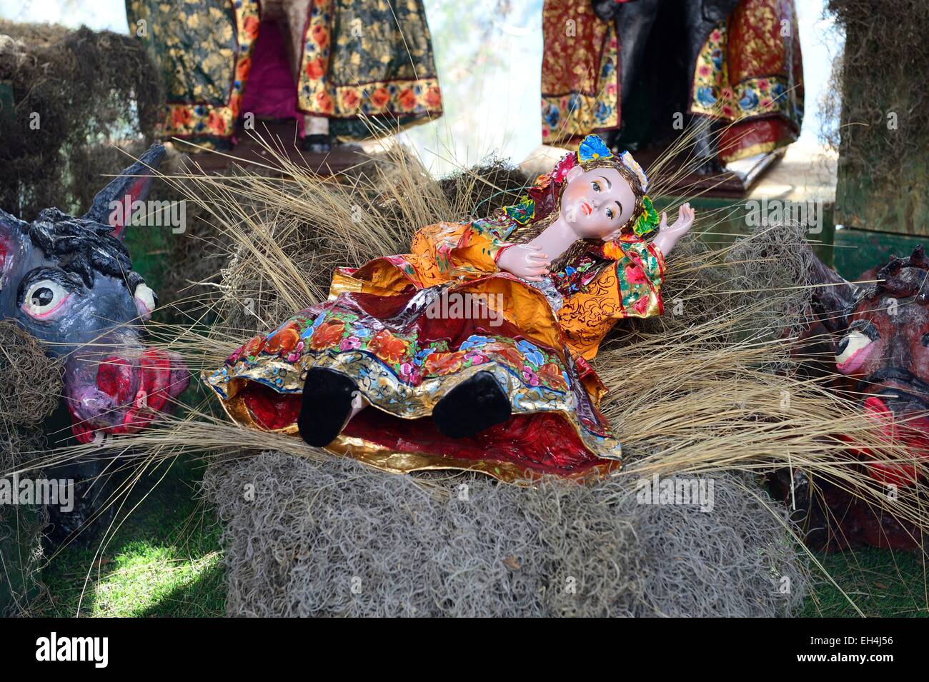 Peru, Cuzco Provinz, Cuzco, Weltkulturerbe von UNESCO-Markt, Santurantikuy, Weihnachtsmarkt von Krippenfiguren, biblische Figuren, Jesuskind Stockfoto