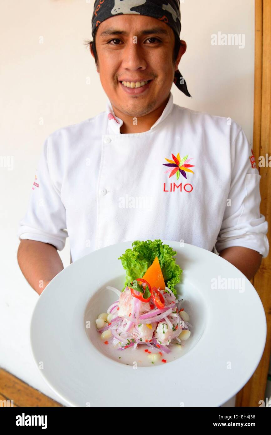 Peru, Cuzco Provinz, Cuzco, aufgeführt als Weltkulturerbe der UNESCO, gastronomische Restaurant Limo, Chef Luis Miguel Huaman und seine ceviche Stockfoto