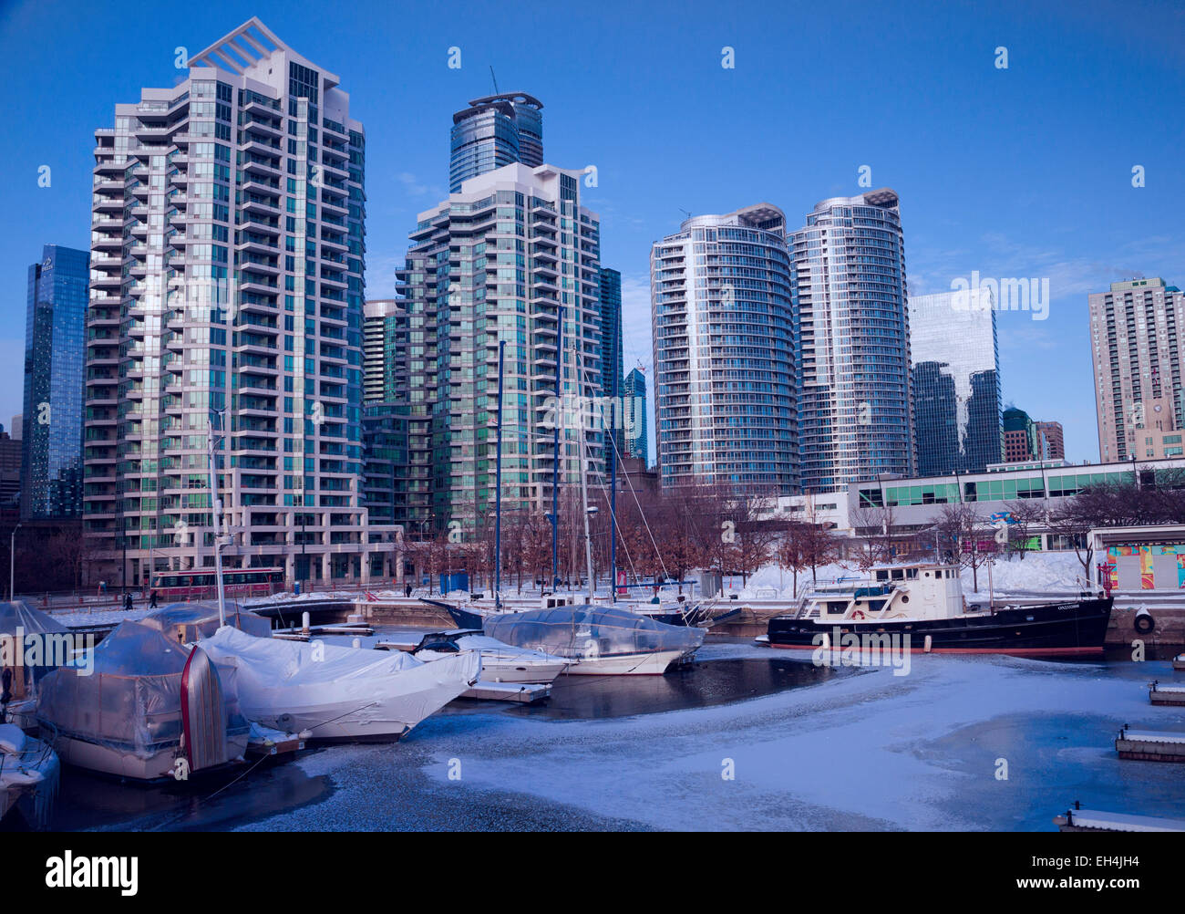 Toronto; Capital City of Ontario; Kanada im Winter des Jahres 2015; Hafen mit Eis und Schnee und Boote, Eigentumswohnung Türme Stockfoto