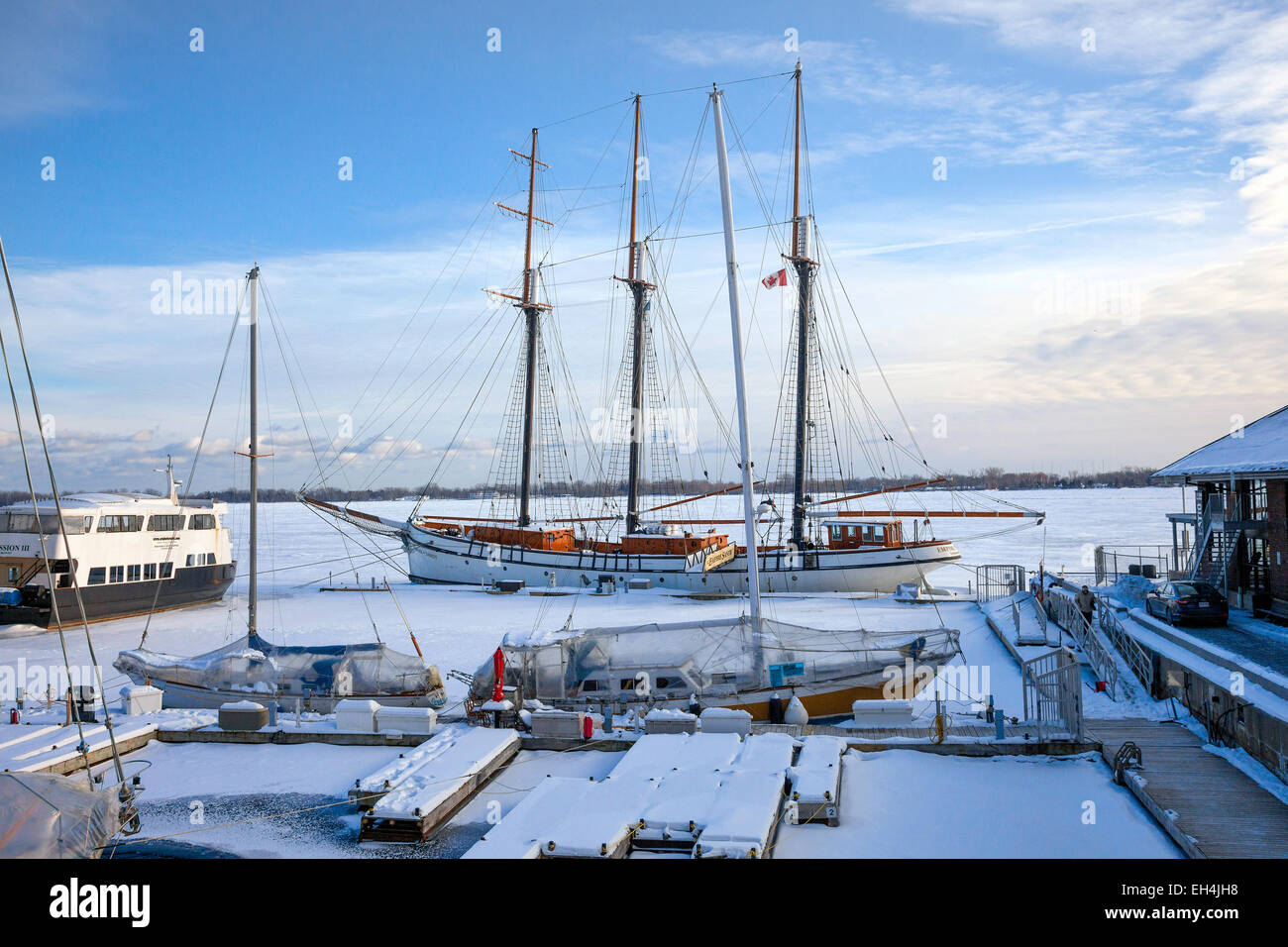 Schiff eingefroren in Toronto, Ontario; Kanada im Winter des Jahres 2015; Hafen Sie mit Eis und Schnee und Boote; Ontariosee Stockfoto