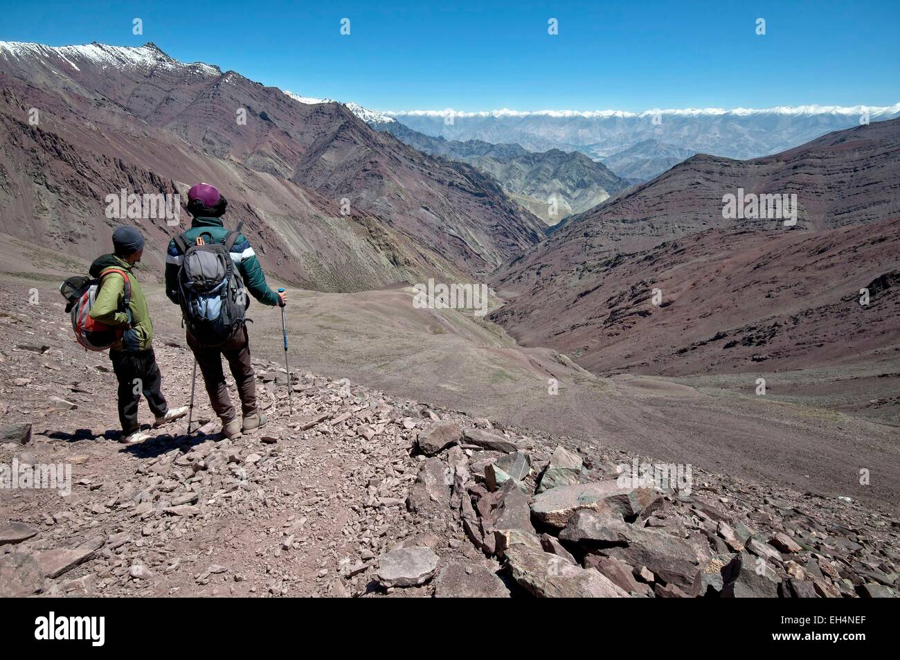 Indien, Jammu und Kashmir, Ladakh, Markha, Blick auf die Berge des Himalaya von Kongmaru La (5100m) Stockfoto