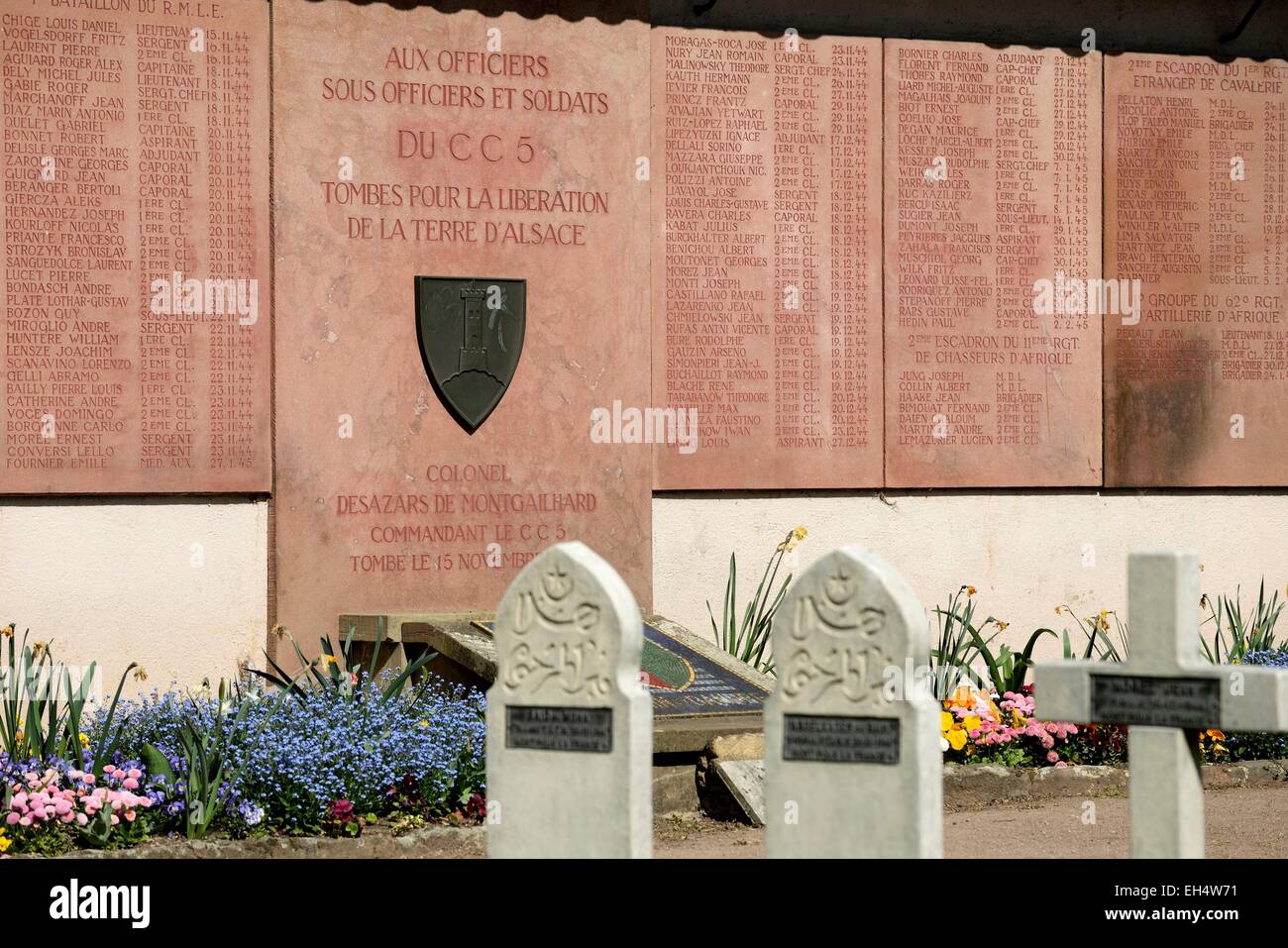 Soldatenfriedhof Denkmal CC 5, Elsass Befreiung im November 1944, Kaysersberg, Haut Rhin, Frankreich Stockfoto