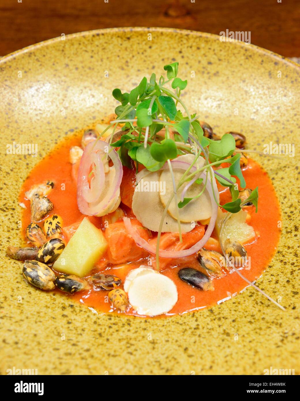 Peru, Cuzco Provinz, Cuzco, Weltkulturerbe der UNESCO, gastronomische Restaurant La Chicha von Gaston Acurio, Forelle Ceviche mit Leche de Tigre, Pilzen, Mais, Artischocken und Brunnenkresse Stockfoto