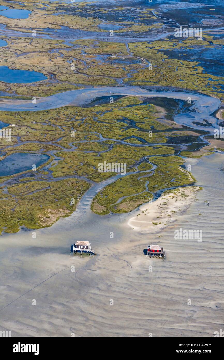 Frankreich, Arcachon, Gironde Holzhäuser auf Stelzen in der Nähe von L'IIe Aux Oiseaux (Luftbild)) Stockfoto