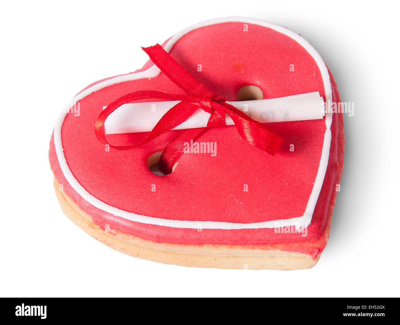 Cookies-Herz mit Hinweis auf weißen Hintergrund isoliert Stockfoto