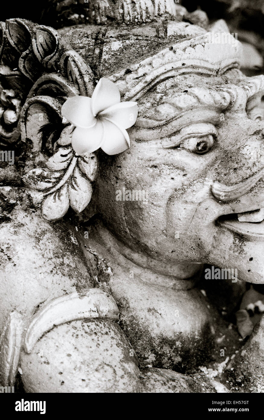 Blume auf einem balinesischen Skulpturen in einem Tempel in Ubud in Bali in Indonesien in Südostasien. Kultur Religion religiöse Kunst schnitzen Wanderlust Travel Stockfoto
