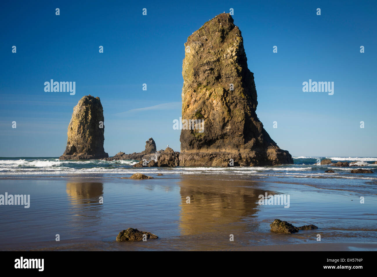 Seastacks in der Nähe von Haystack Rock, Cannon Beach, Oregon, USA Stockfoto