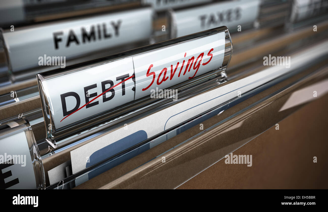 Registerkarte "Datei" mit Fokus auf Einsparungen. Konzeptbild zur Veranschaulichung der Schulden Vs Einsparungen Stockfoto