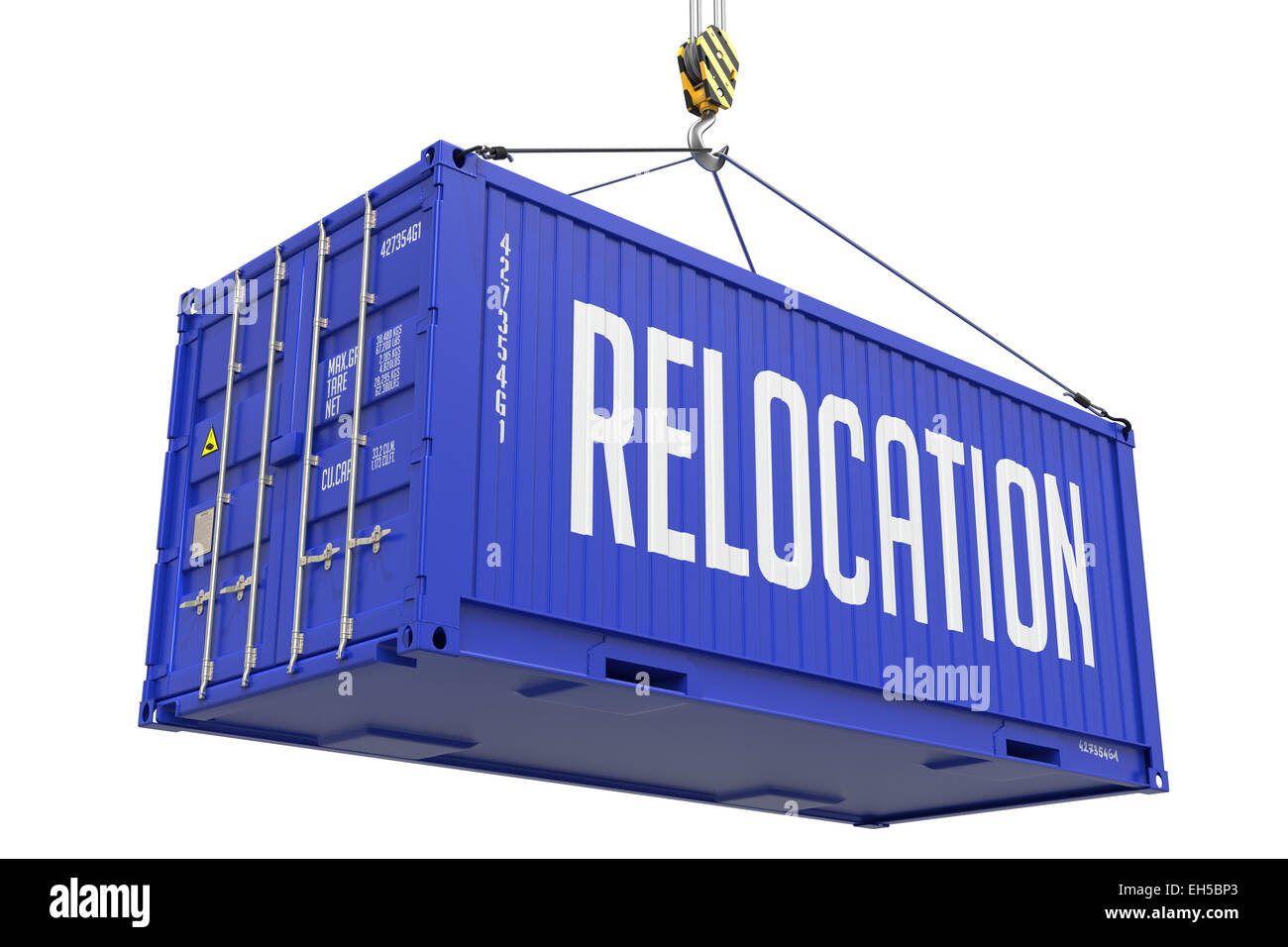 Relocation - blaue Frachtcontainer gehievt von Hook, Isolated on White Background. Stockfoto