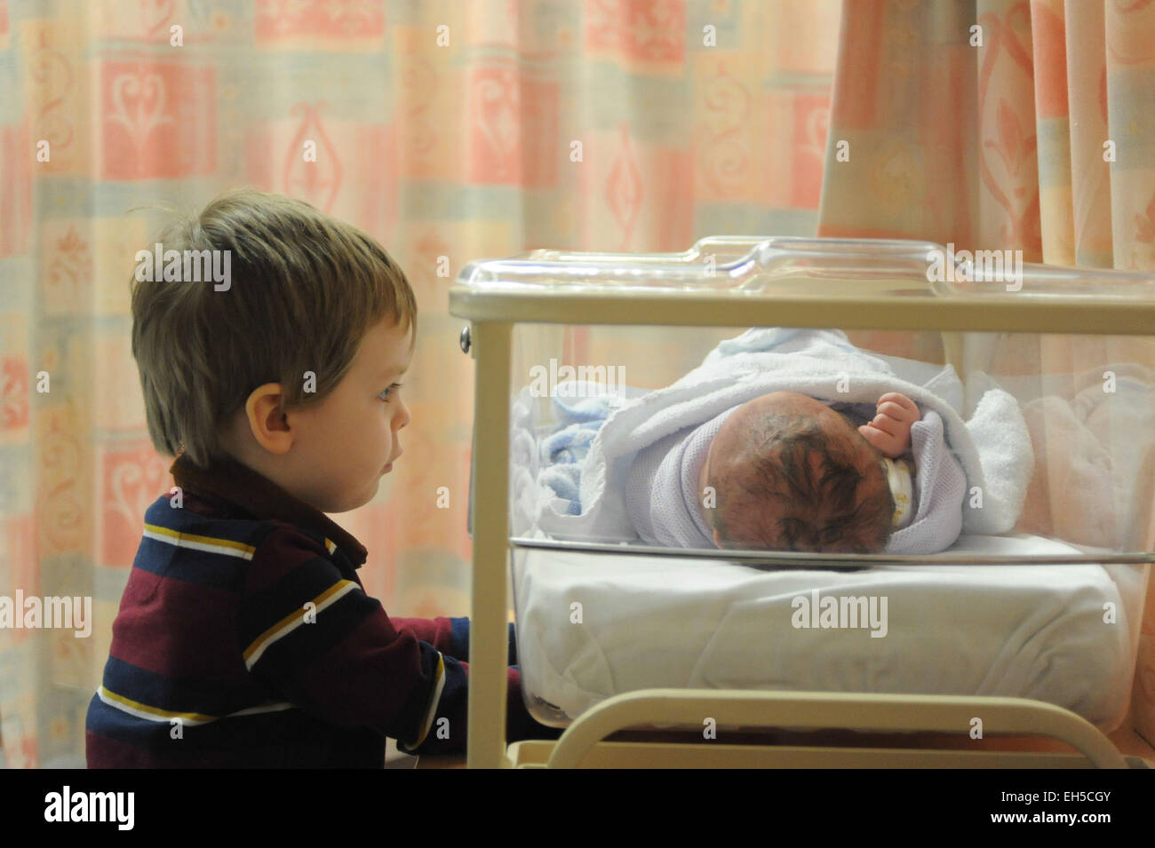 Ein großer Bruder trifft seinen Neugeborenen kleinen Baby Bruder zum ersten Mal im Krankenhaus Stockfoto