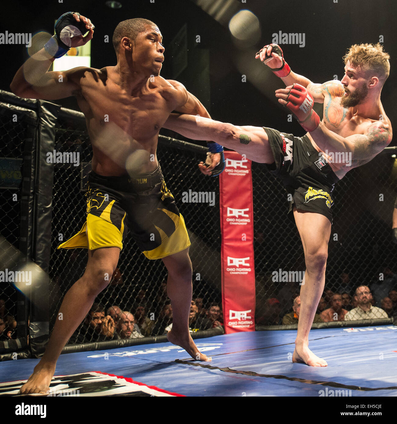 Columbus, Ohio, USA. 6. März 2015. Corey Meeks (rechts) tritt Chris Johnson (links) in ihrem MMA-Kampf bei Arnold Sports Festival. Bildnachweis: Brent Clark/Alamy Live-Nachrichten Stockfoto