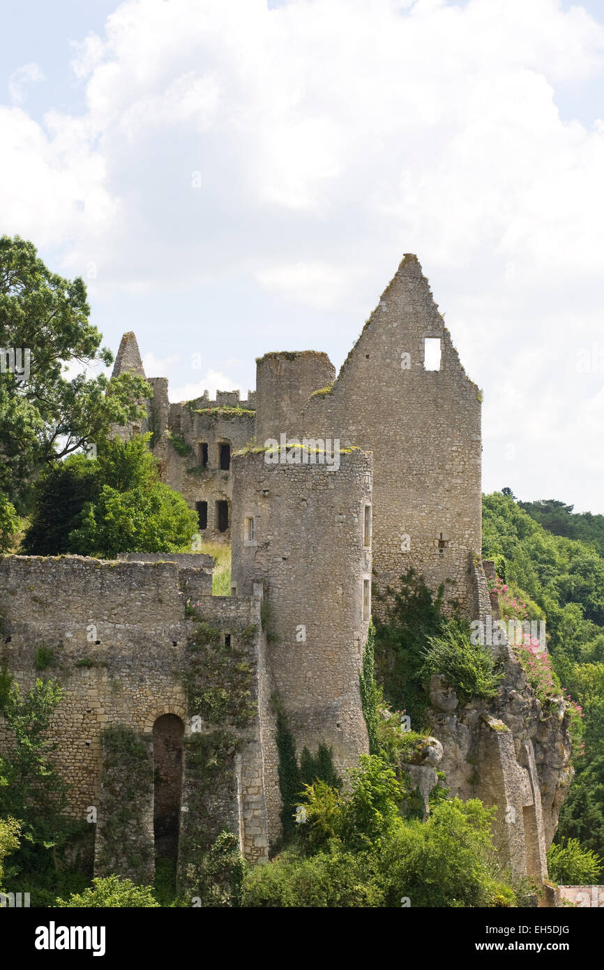 Burgruine am Winkel Sur l'Anglin, Vienne, Frankreich. Stockfoto