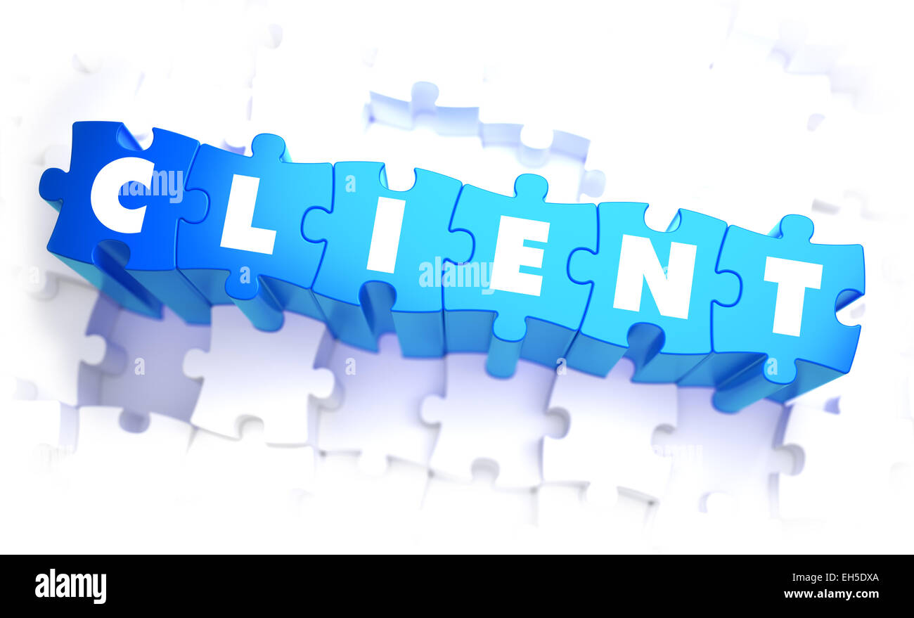 Client - Wort in blauer Farbe auf Volume Puzzle. 3D Illustration. Stockfoto
