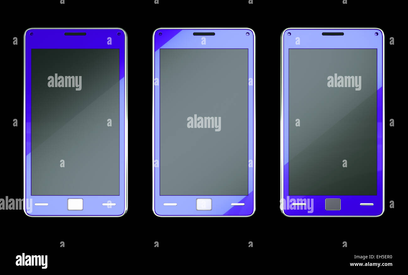 Drei Smartphones in blauer Farbe auf schwarz (individuell erstellt und gerendert) Stockfoto