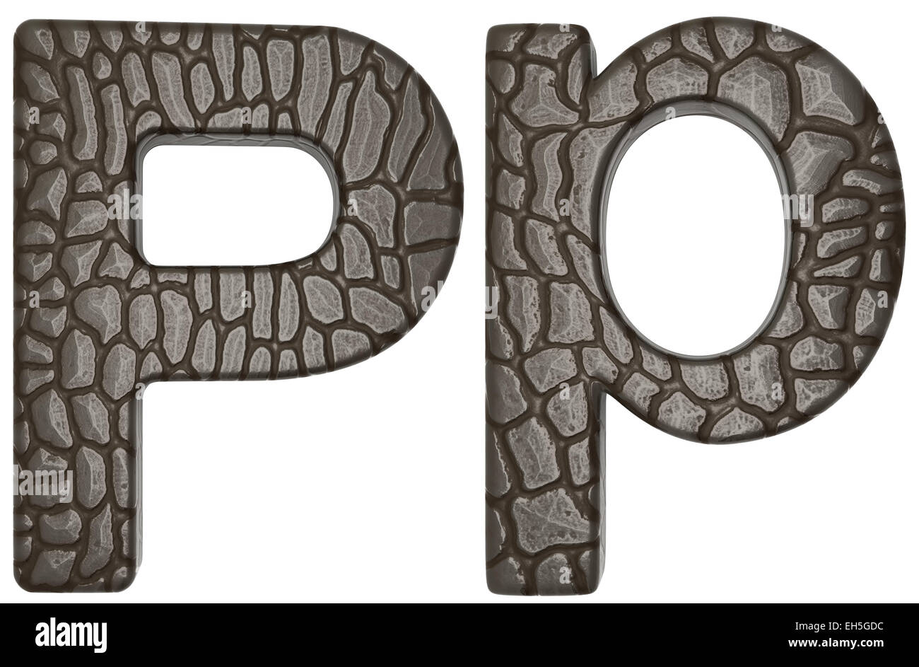 Alligator Haut Schriftart P Kleinbuchstaben und Großbuchstaben isoliert auf weiss Stockfoto