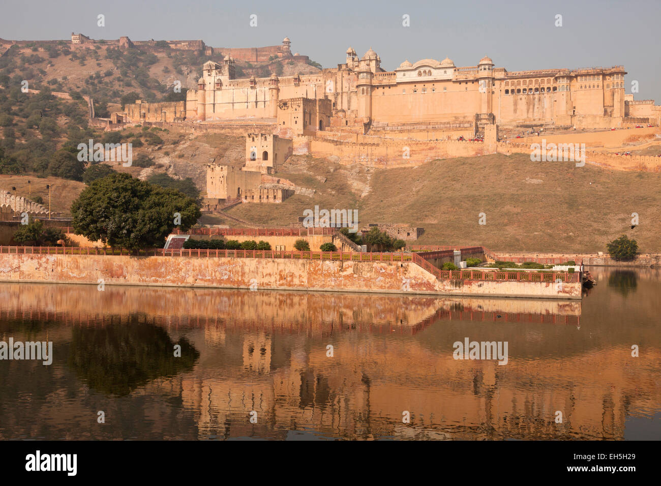 Amer Palast oder Amber Fort und Maota See, Jaipur, Rajasthan, Indien Stockfoto