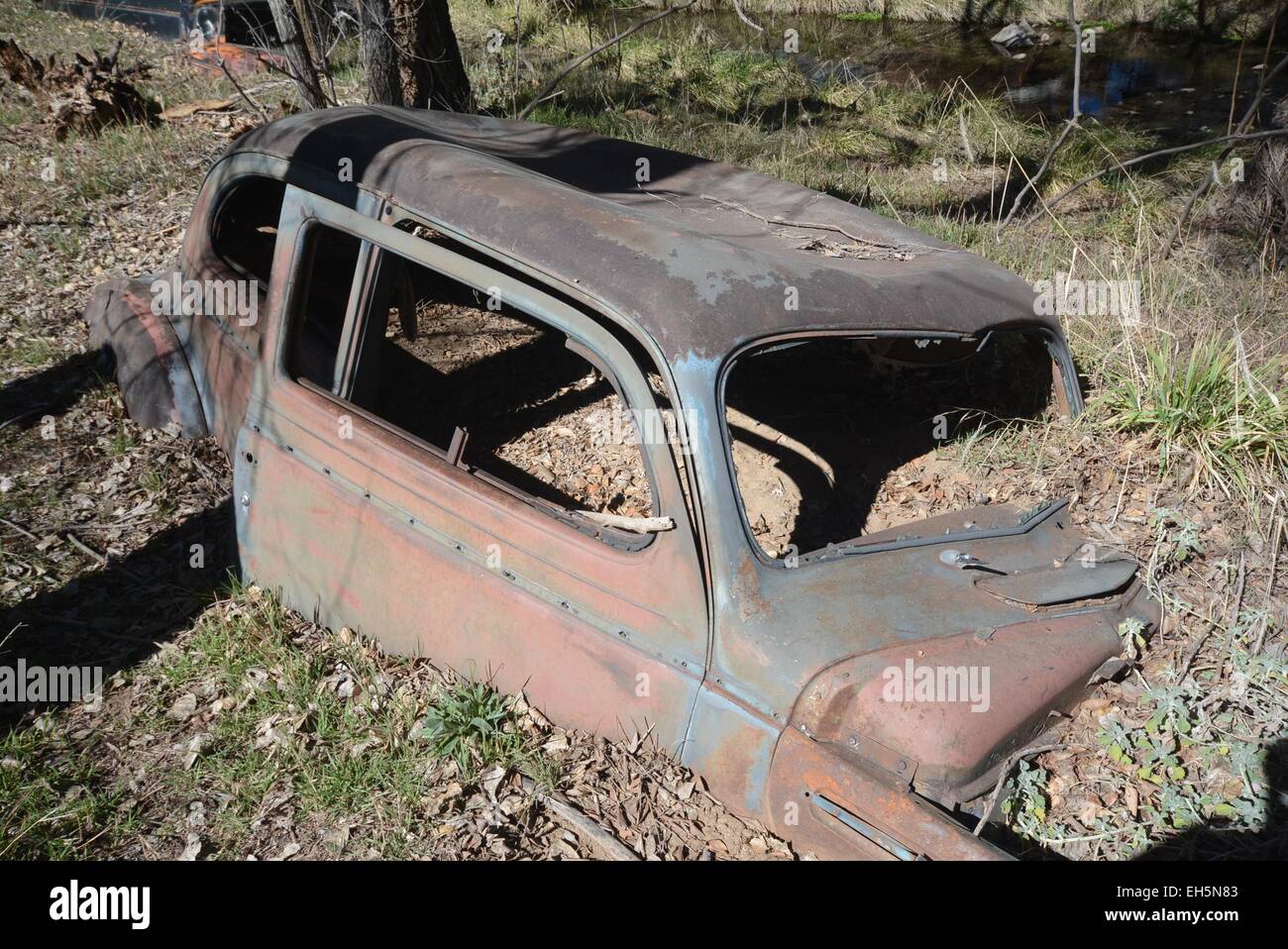 Alte verlassene Fahrzeug fast begraben in Waldstreu, Silver City, New Mexico - USA Stockfoto