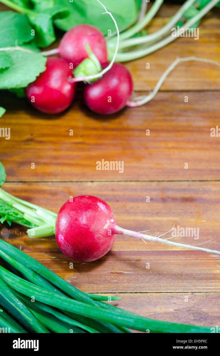 Frische Radieschen und jungen Zwiebeln auf einem Holztisch Stockfoto