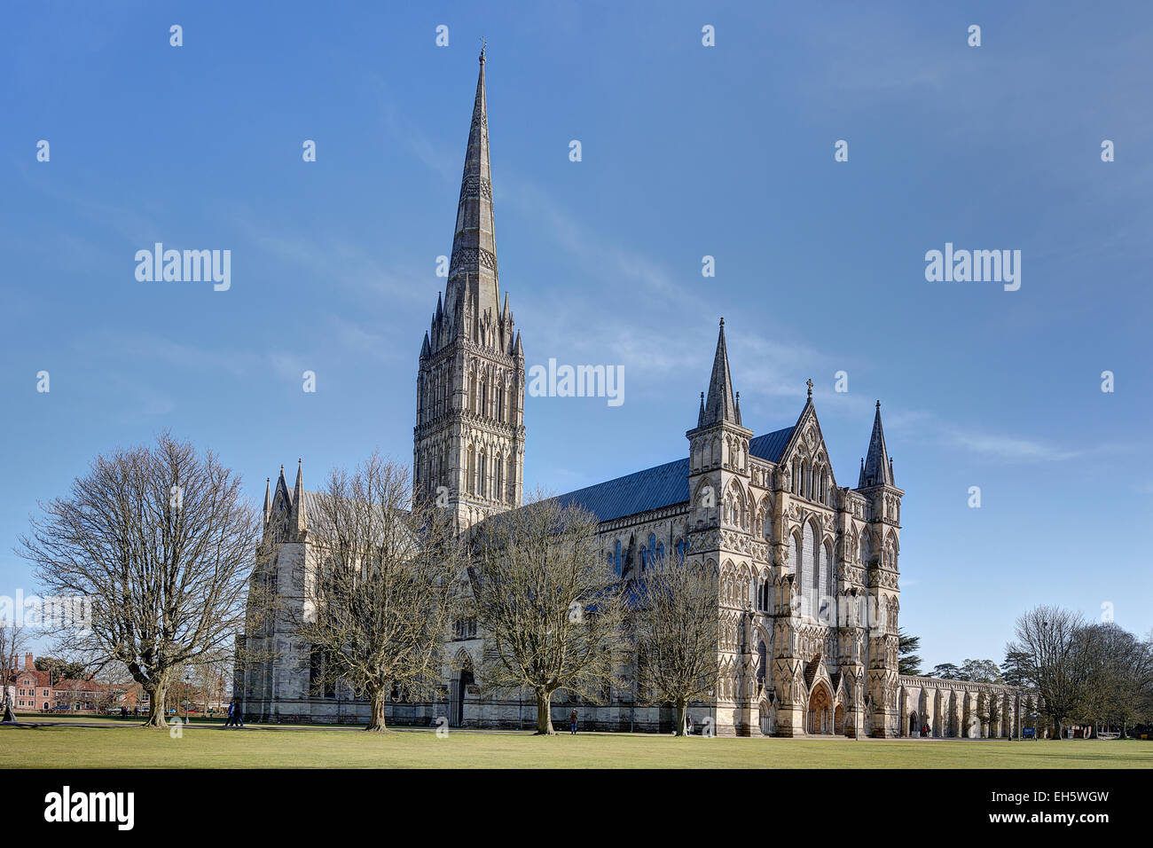 Kathedrale von Salisbury Diözese mit Figuren zeigen Kreuzgang, West End, North Tür, Querschiff & Spire Stockfoto