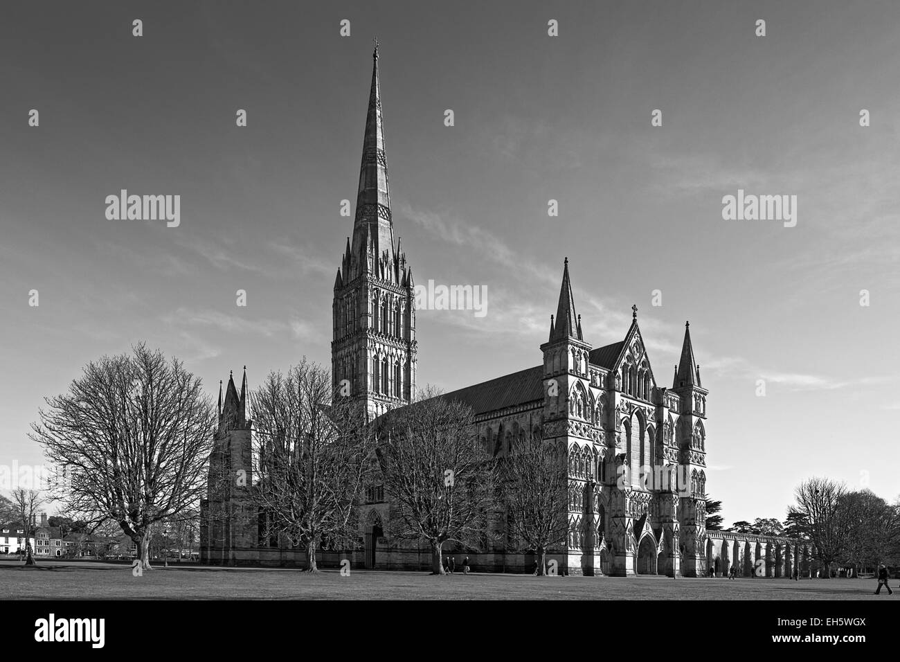 Kathedrale von Salisbury Diözese in Monochrom mit Figuren zeigen Kreuzgang, West End, North Tür, Querschiff & Spire Stockfoto