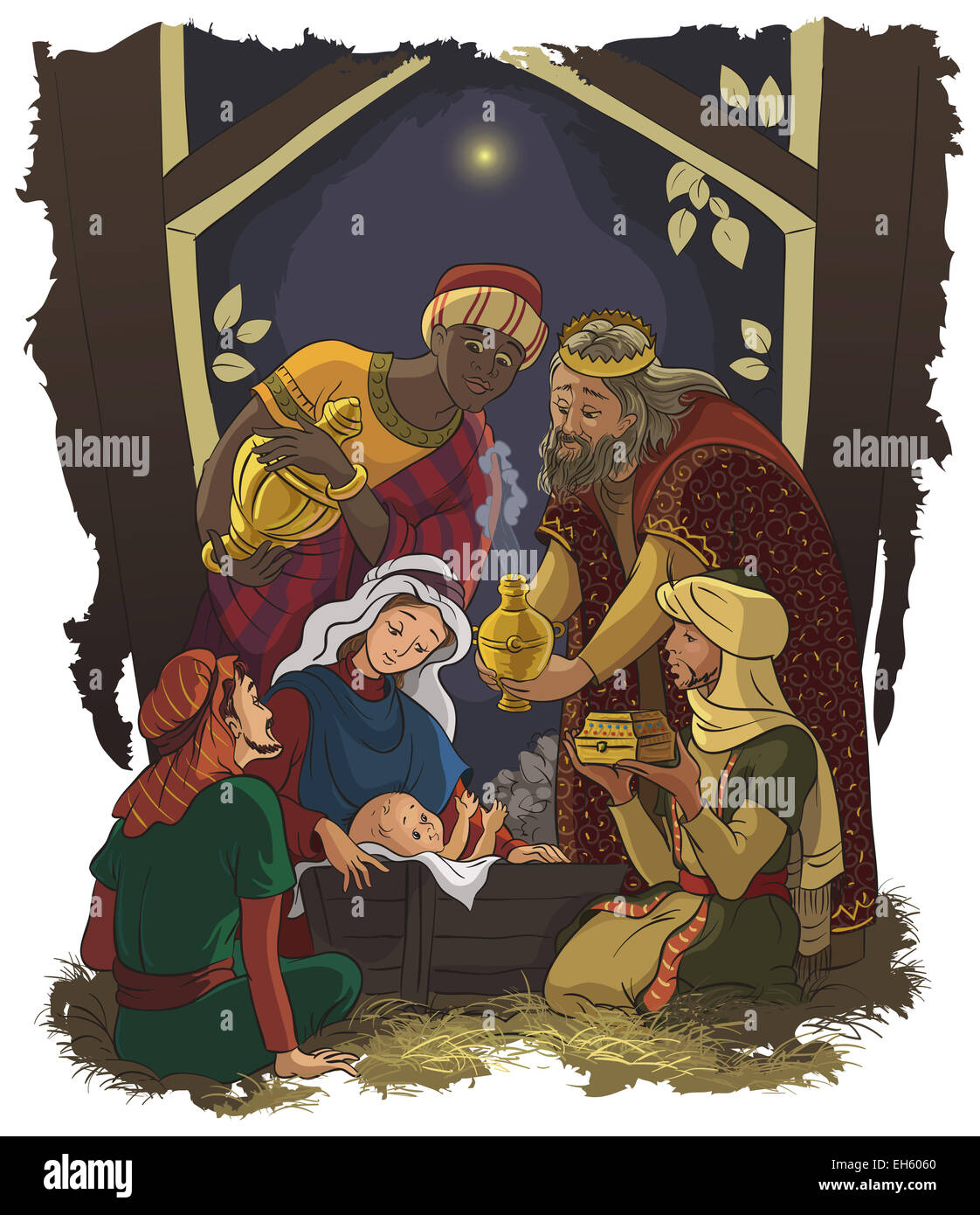 Weihnachtskrippe. Jesus, Maria, Josef und die Heiligen drei Könige - Three Wise Men in der Krippe Stockfoto