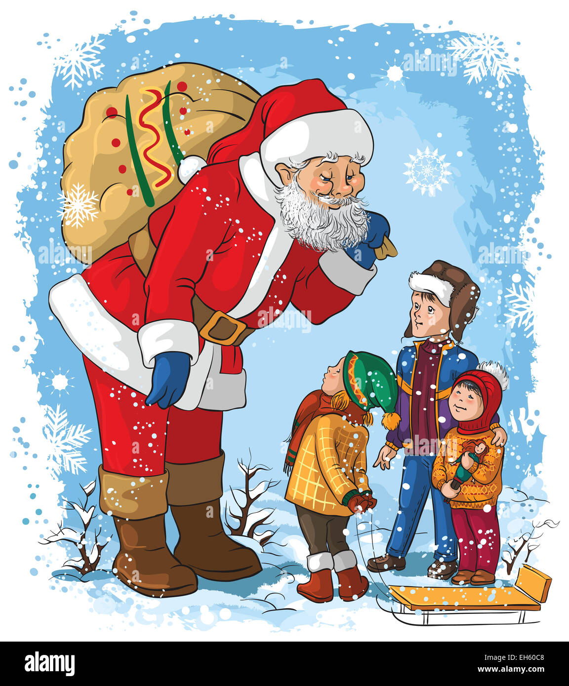 Santa mit Kindern. Weihnachten Cartoon Illustration Stockfoto