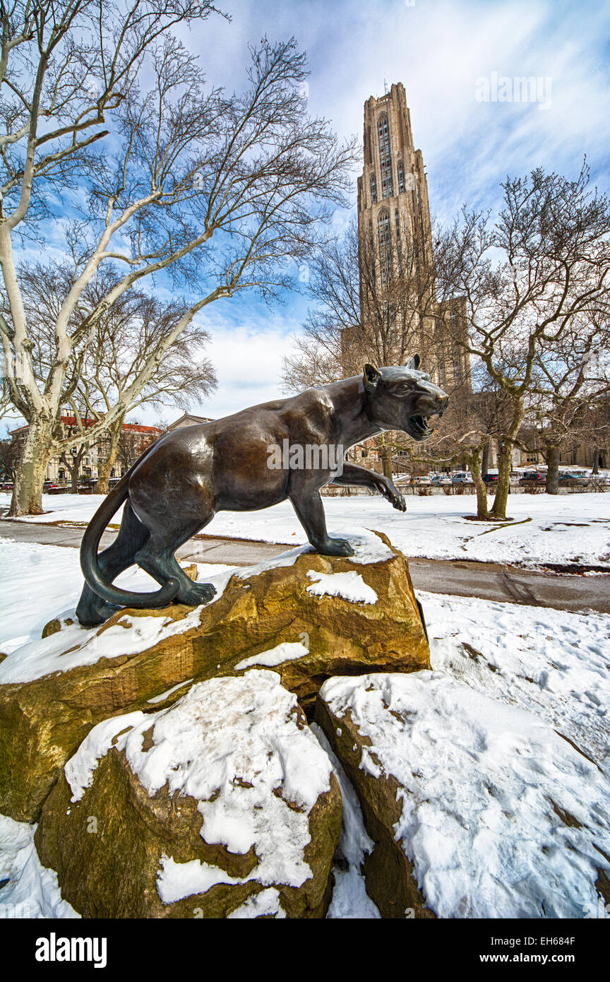 Die Panther-Statue vor dem Dom des Lernens auf dem Campus der University of Pittsburgh. Stockfoto