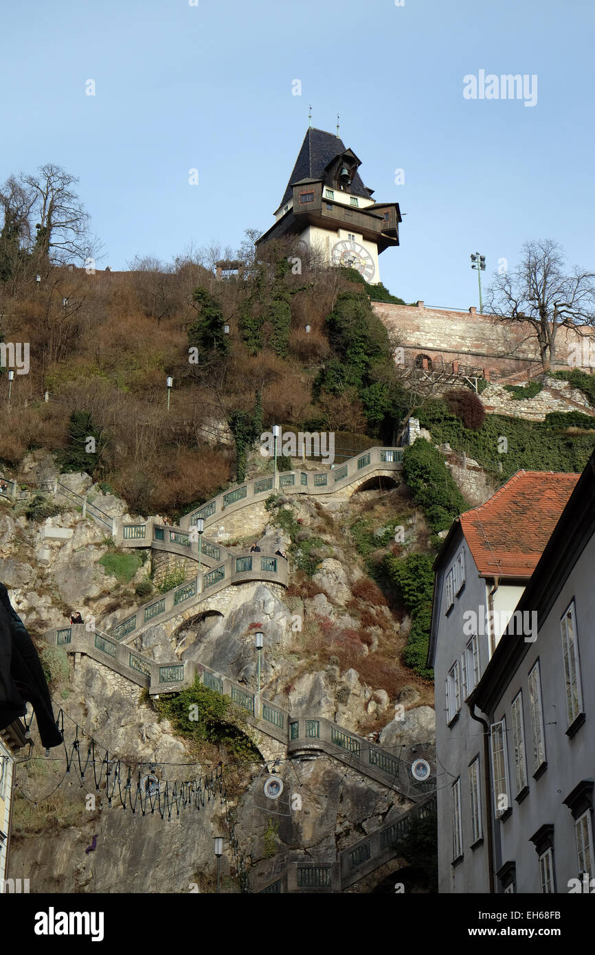 Schlossberg (Schlossberg), Berg in Graz. Teil des UNESCO-Welterbes in Graz, Österreich am 10. Januar 2015. Stockfoto