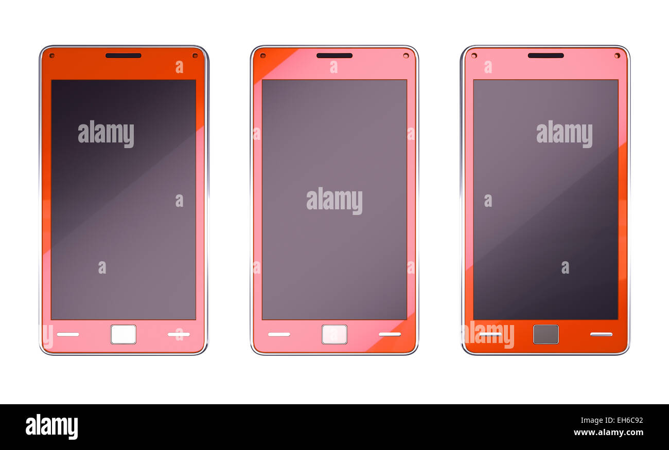 Drei Smartphones in roter Farbe auf weißem isoliert Stockfoto