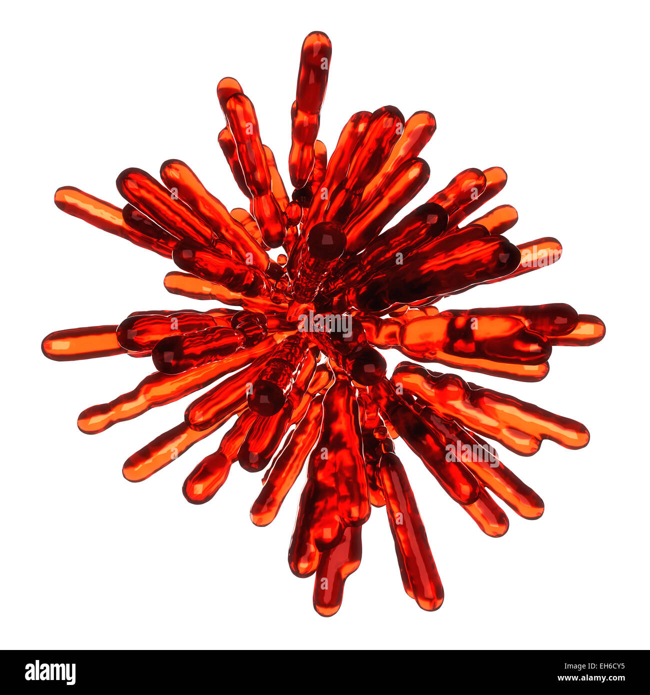 Rot gefrorene Flüssigkeit Spalten in abstrakte Kugelform über weiß Stockfoto