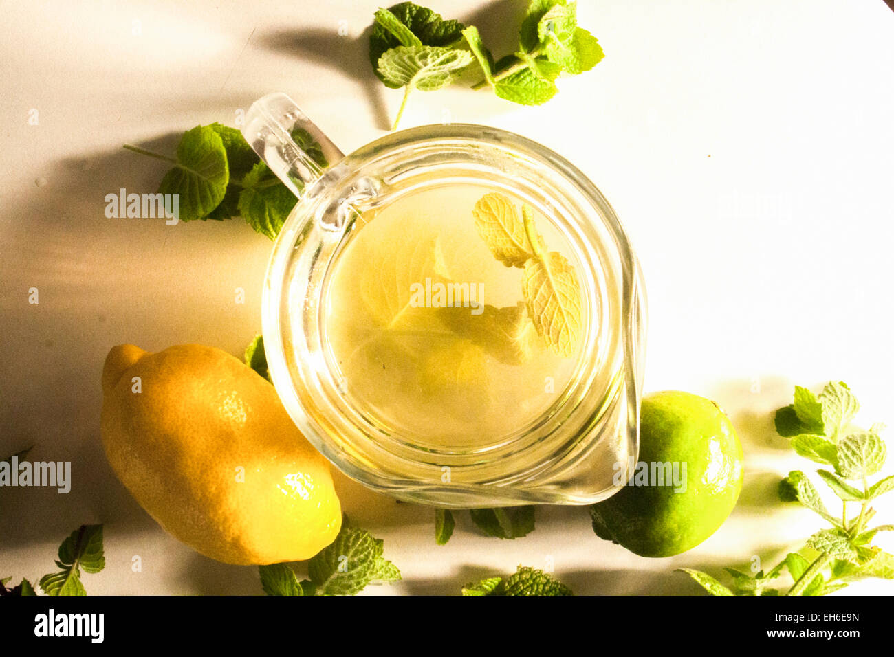 A kann voll von Tee auf einem weißen Tisch, in der Nähe von Zitrone, Limette und Minze Stockfoto