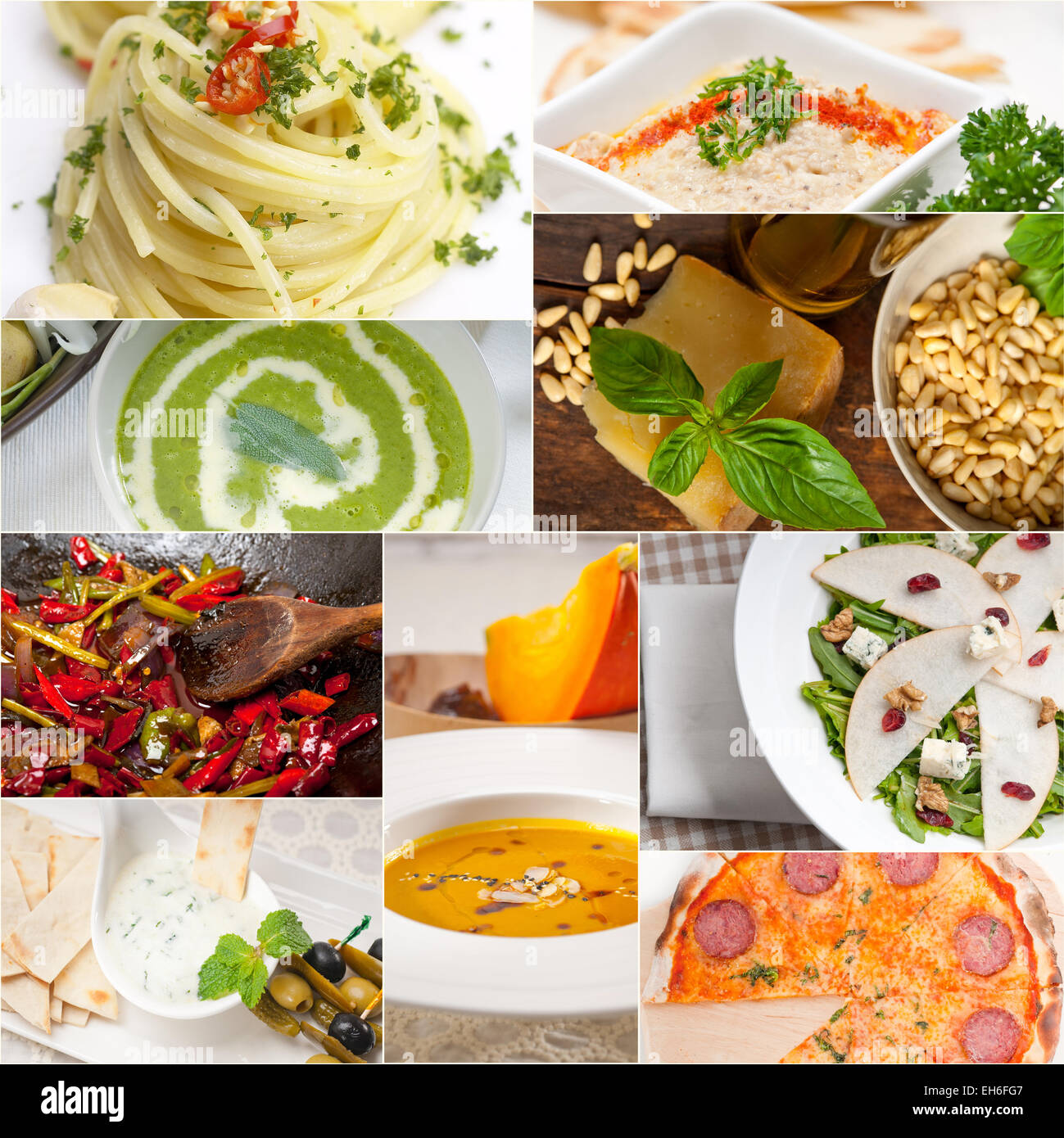 gesunde vegetarische Nudeln Suppe Salat Pizza italienisches Essen Heftklammern collage Stockfoto