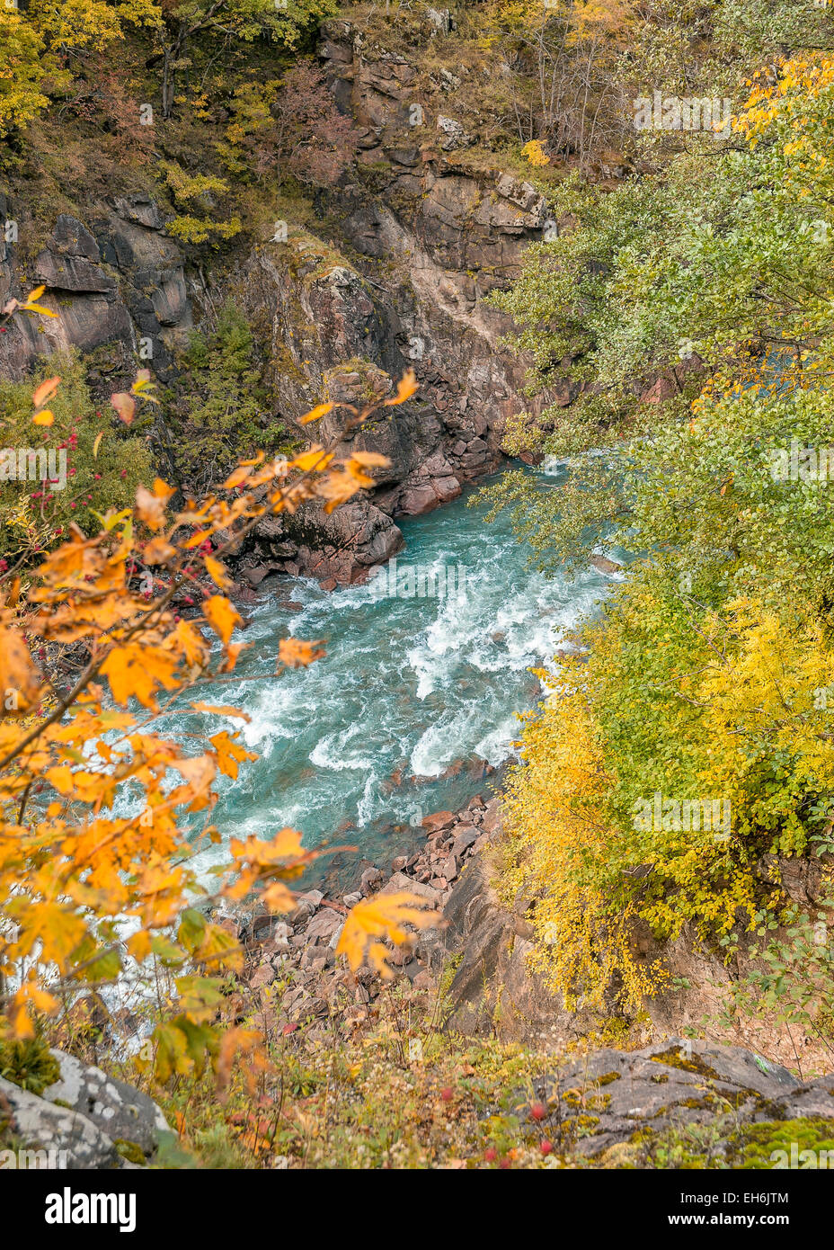 Russland, Adygeja.  Kamennomostskiy Bezirk. Der White River. Granit-Canyon in der Schlucht Guzeripl. Herbstfarben in den Bergen. Stockfoto