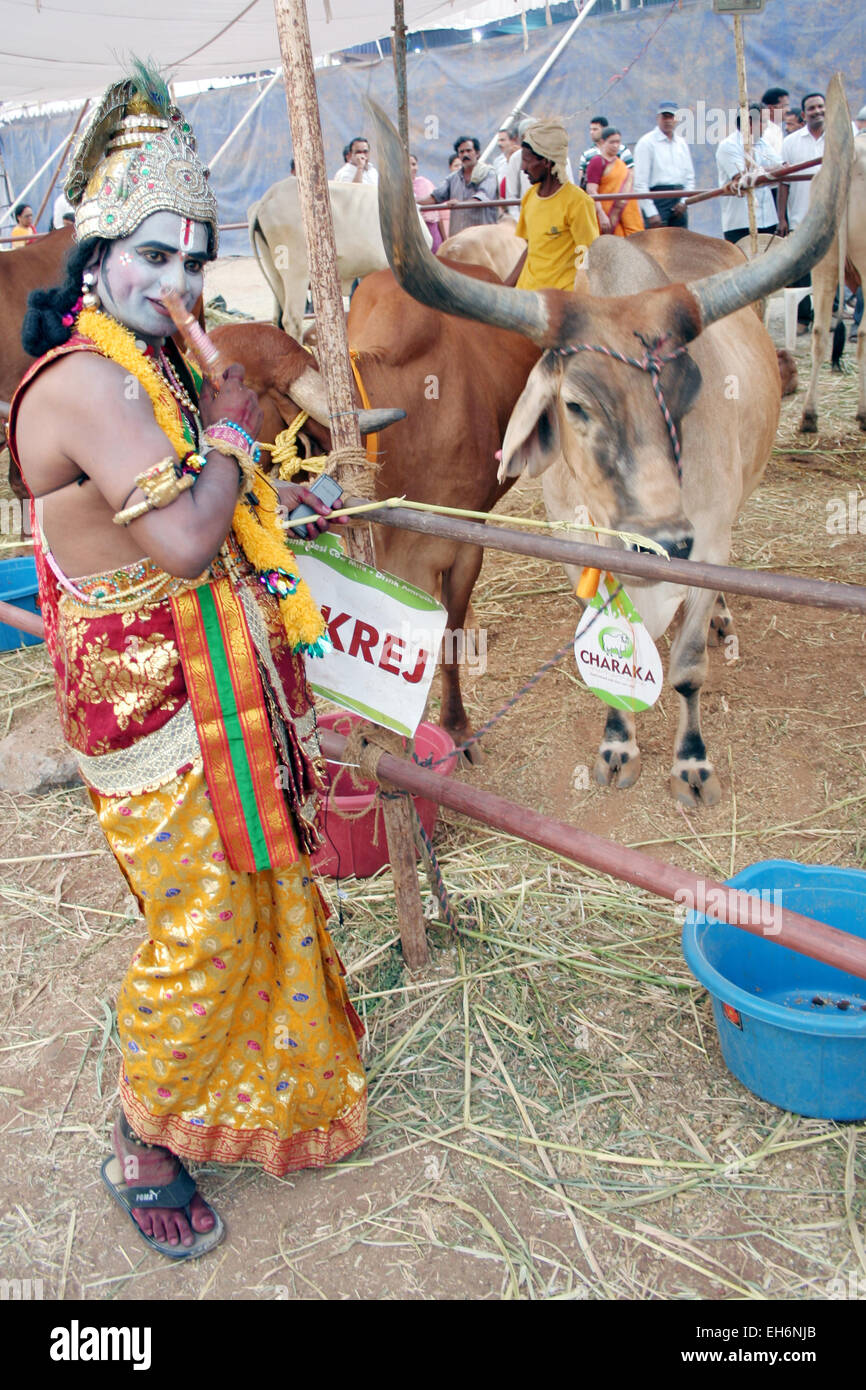 Mann verkleidet als Sri Krishna Pose in Desi Kuh Mela der einheimischen bestehenden 29 Rassen auf März 30,2012 in Hyderabad, Ap, Indien. Stockfoto