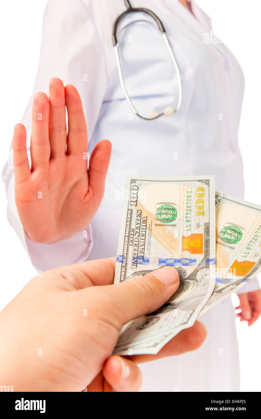 Hand des Mannes hält, Bestechung, Arzt Stockfoto