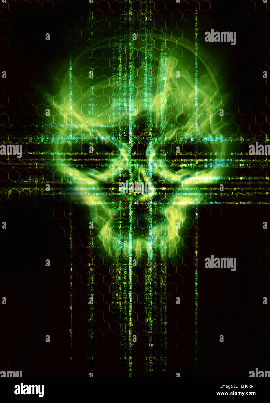 digitalen Hintergrund mit grünen Schädel Hacker Angriff Konzept Stockfoto