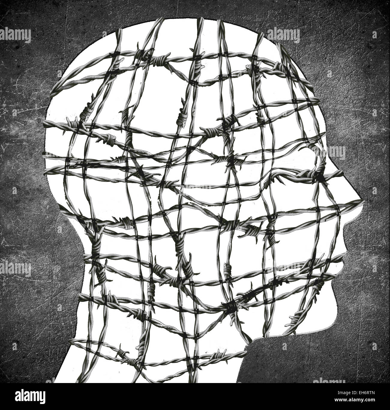 Kopf-Silhouette mit Stacheldraht digitale illustration Stockfoto