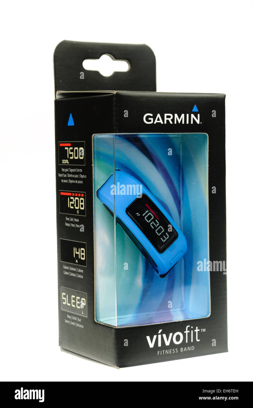 Ein Garmin Vivofit Fitness Band, Box und neue Stockfoto