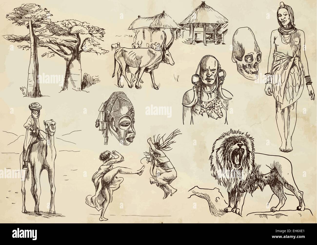 Aus der Reise-Serie: Zentralafrika - Sammlung eine handgezeichnete Illustrationen. Jede Zeichnung umfassen zwei grundlegenden Schichten Stock Vektor