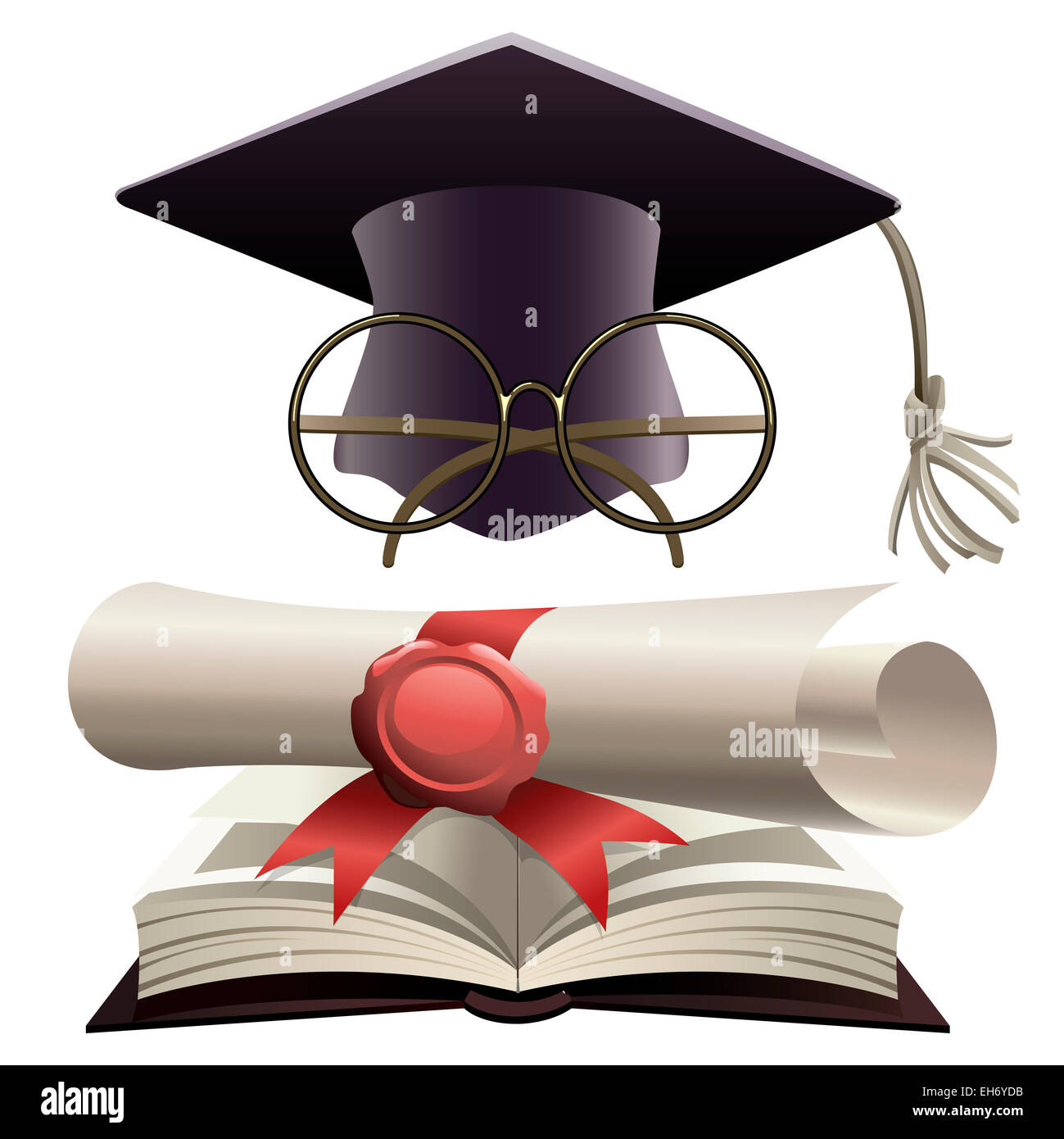 Illustration von Bachelor-Hut mit Brille und Diplom an einem großen Buch  des Wissens als Metapher der Bildung Stockfotografie - Alamy