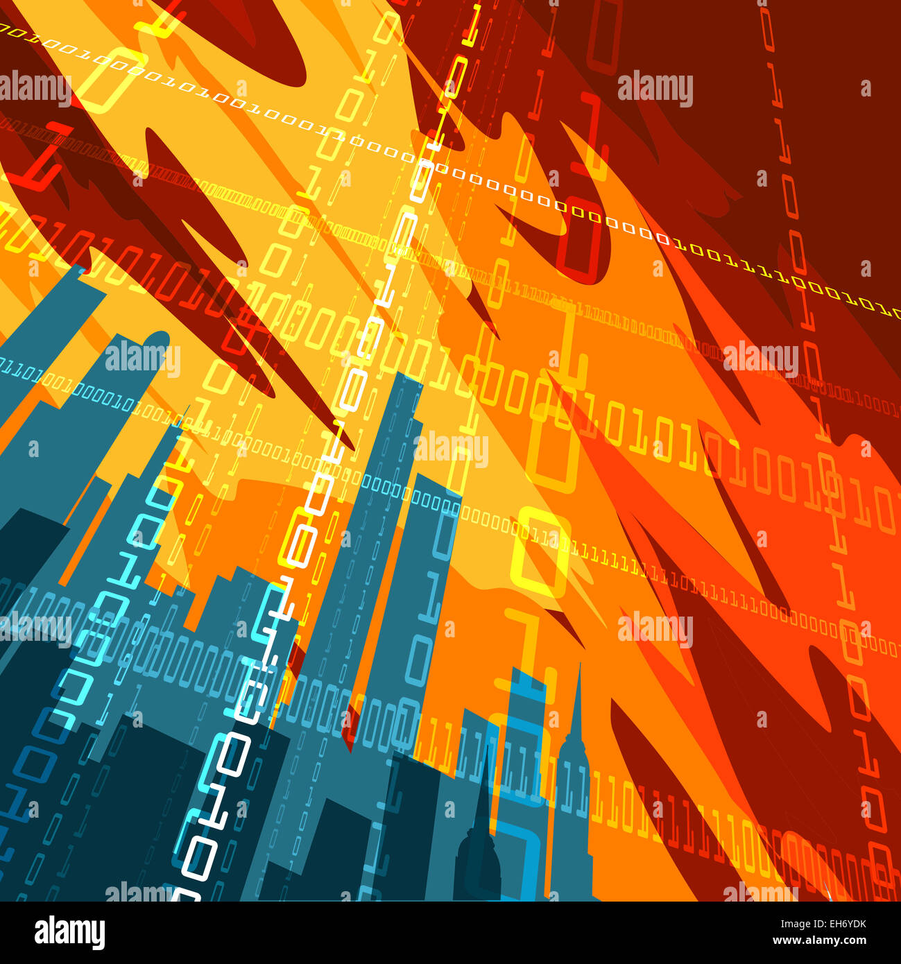 Abstrakte Darstellung von Hochhäusern und binären Code-Zeilen gegen rote Himmel im Plakat Stil gezeichnet Stockfoto