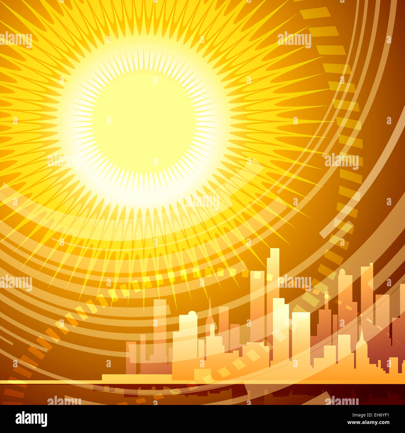 Abstrakte Darstellung der modernen Stadt gegen riesige Sonnenstrahlen mit mit Steigungen im Plakat Stil gezeichnet Stockfoto