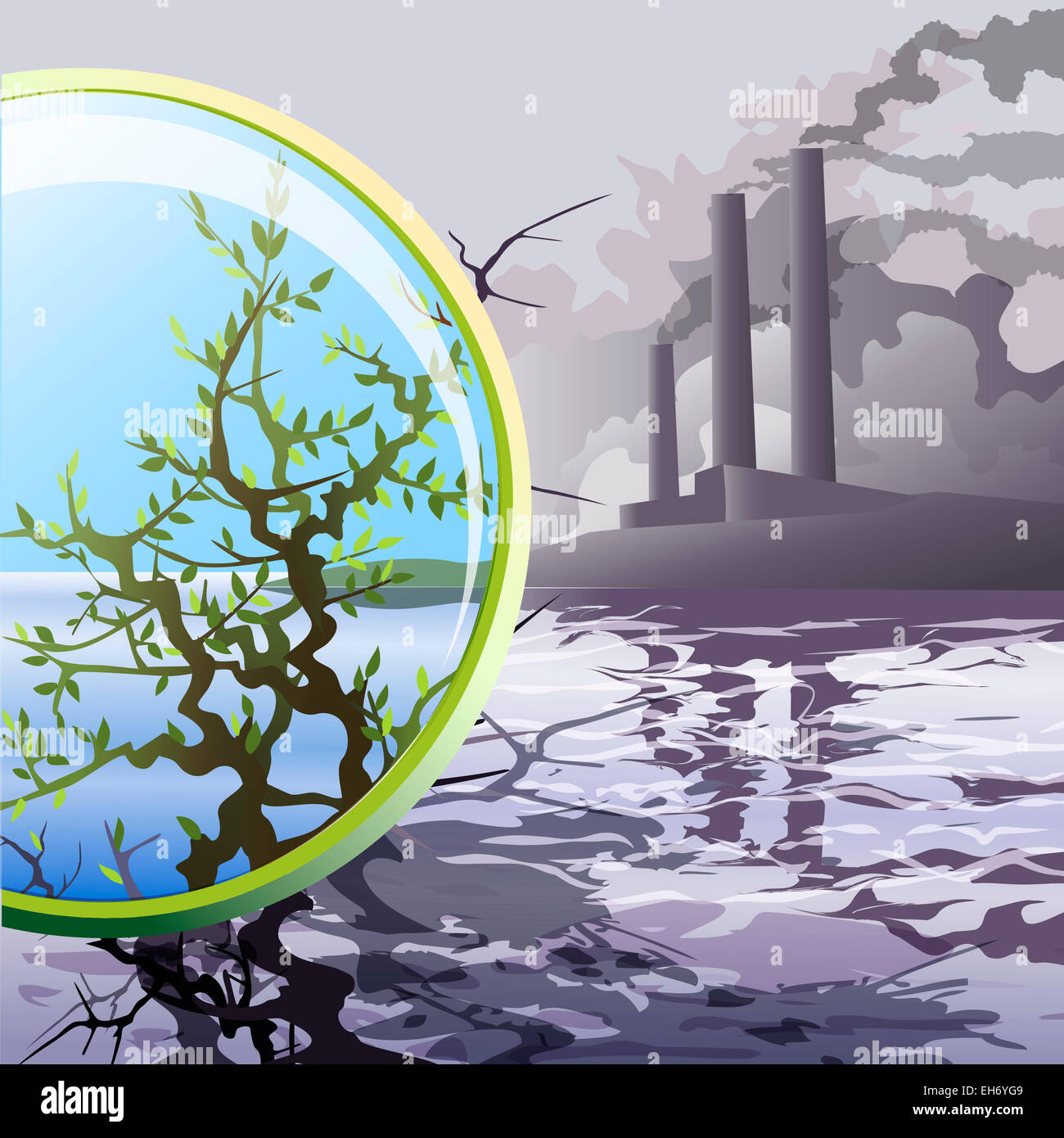 Illustration mit Umweltverschmutzung und umweltfreundliche Aussehen durch ökologische Lupe als Appell zu stoppen Stockfoto