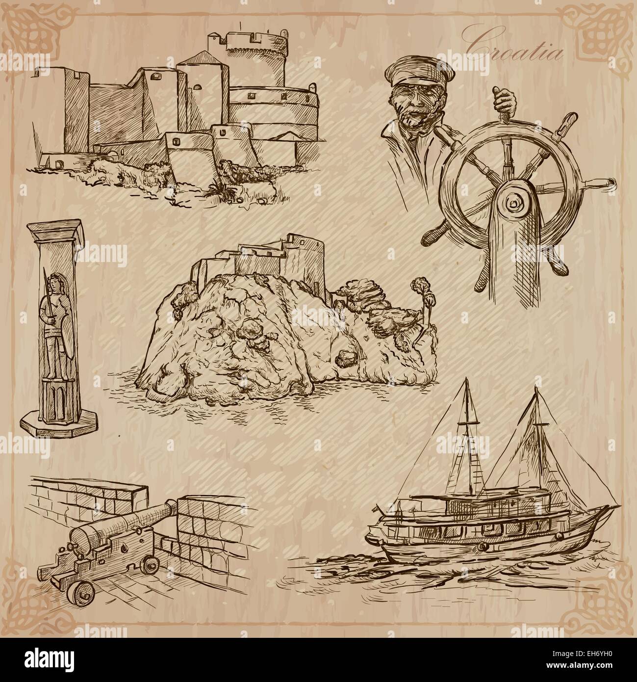 Reisen: Kroatien (Set Nr. 2) - Sammlung von einer Hand gezeichnet Vektor-Illustrationen. Jede Zeichnung bestehen aus drei Schichten von Linien, die Stock Vektor