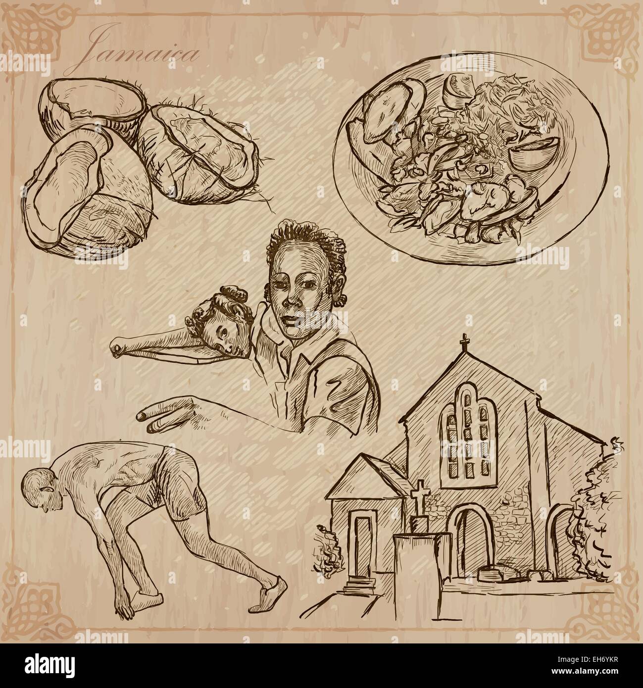 Reisen: Jamaika (Set Nr. 3) - Sammlung von einer Hand gezeichnet Vektor-Illustrationen. Jede Zeichnung bestehen aus drei Schichten von Linien, die Stock Vektor