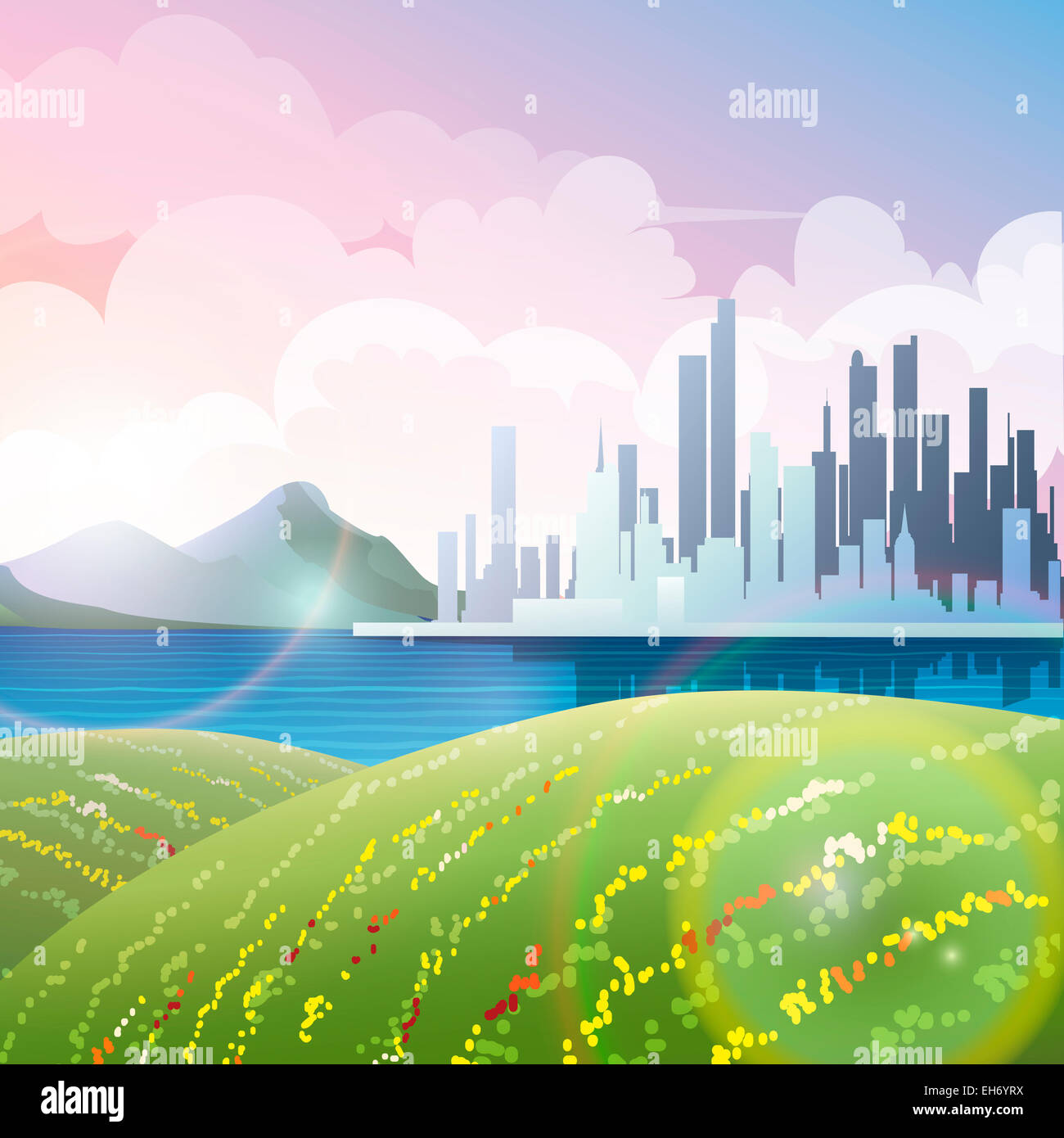 Abbildung der Stadt an einem Fluss und Wiesen in den Morgenstunden Stockfoto